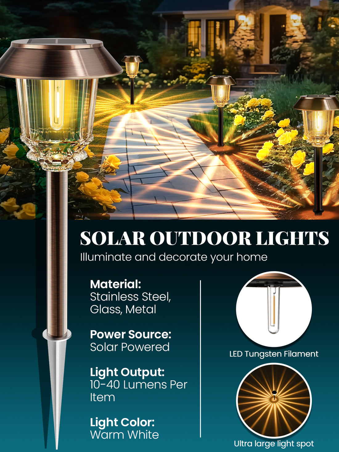 HMDecor Solar Pathway Lights Outdoor with 10-40 LM Dimmable Glass and Metal