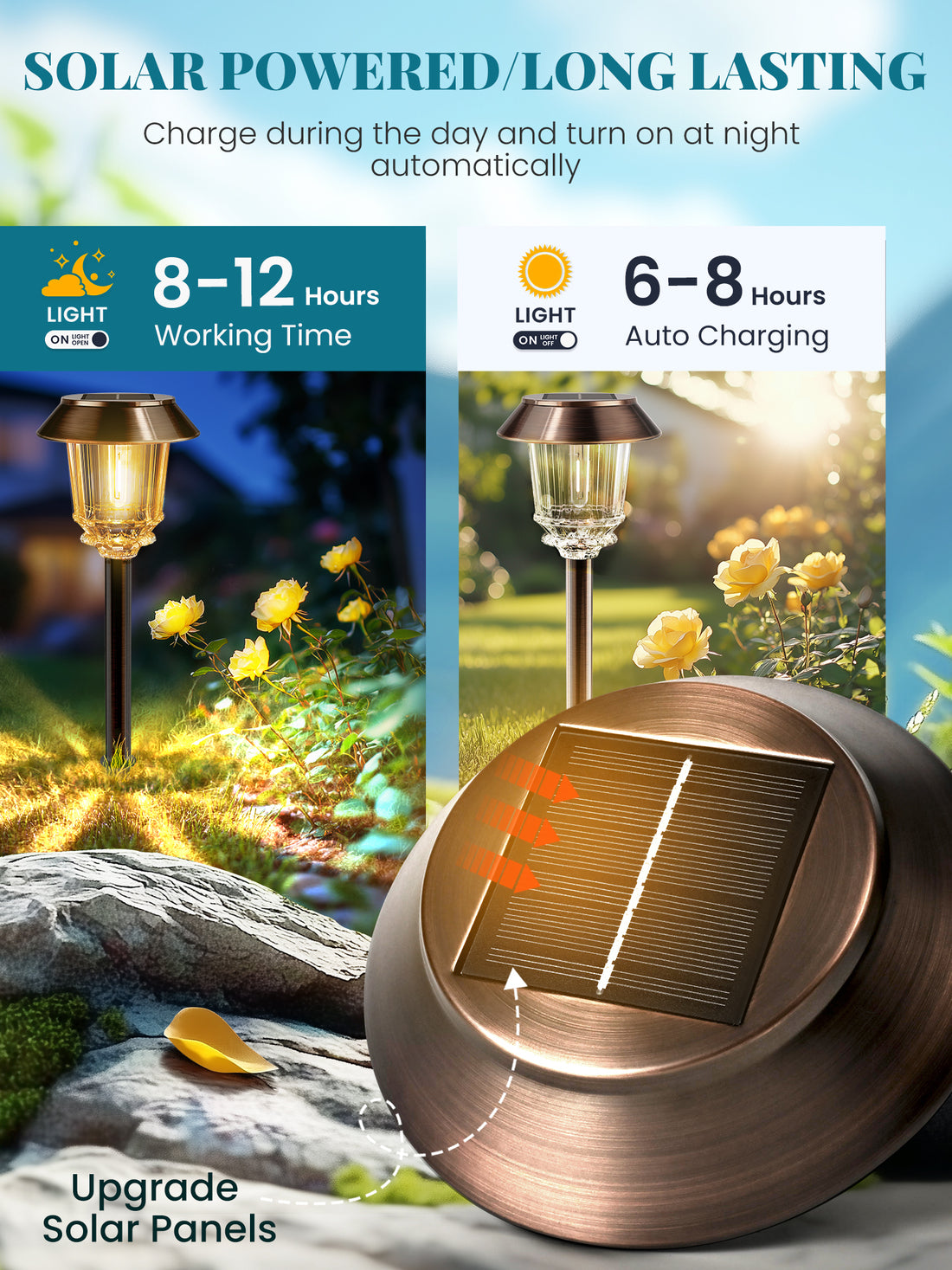 HMDecor Solar Pathway Lights Outdoor with 10-40 LM Dimmable Glass and Metal