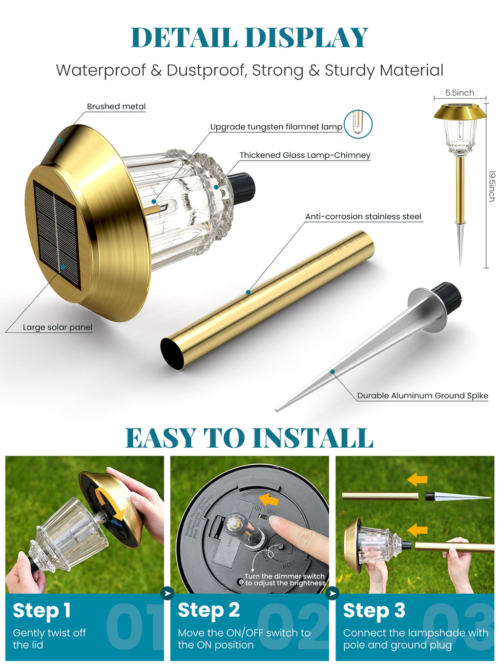 HMDecor Solar Pathway Lights Outdoor with 10-40 LM Dimmable Glass and Metal
